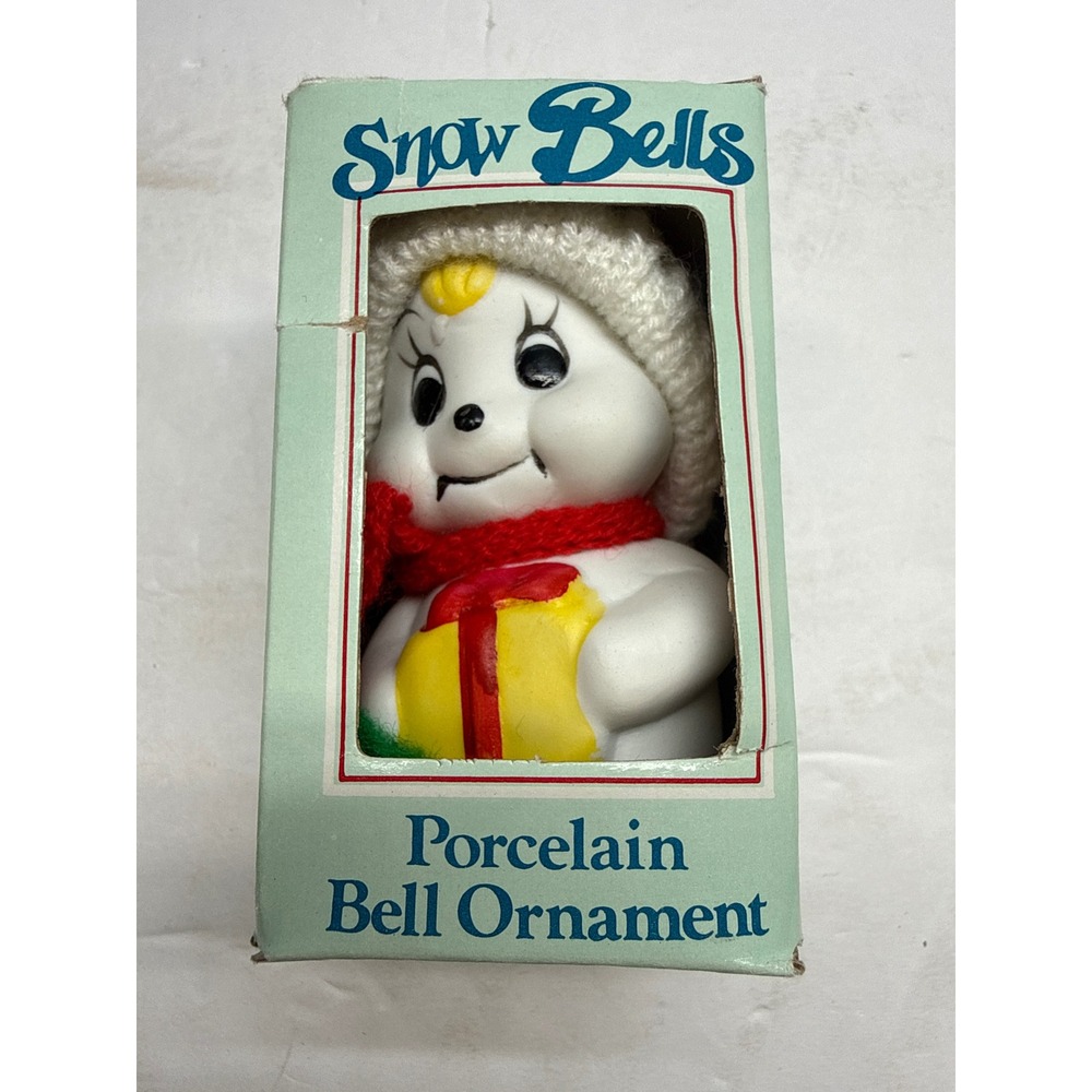 Vintage Snow Bells Giftco Porcelain Bell Ornament Knit Hat Scarf Christmas Decor